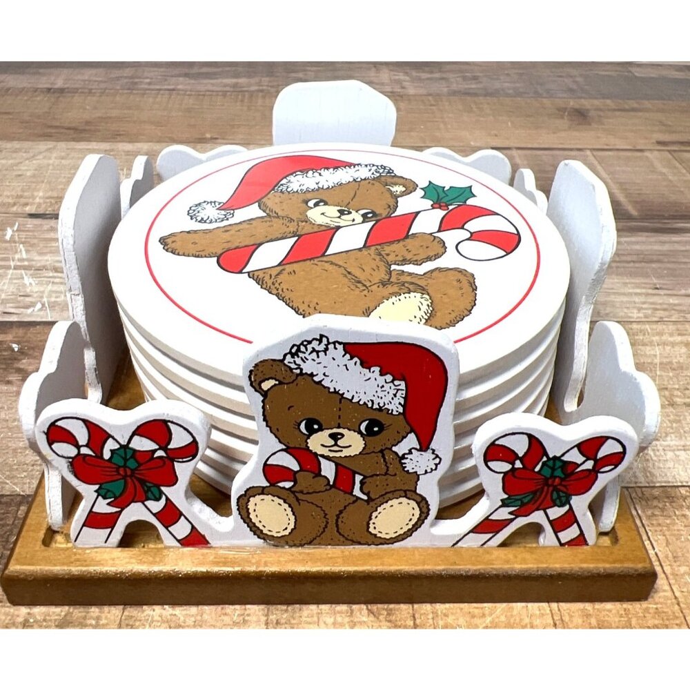 House Of Lloyd Christmas Teddy Bear Coaster Set & Holder